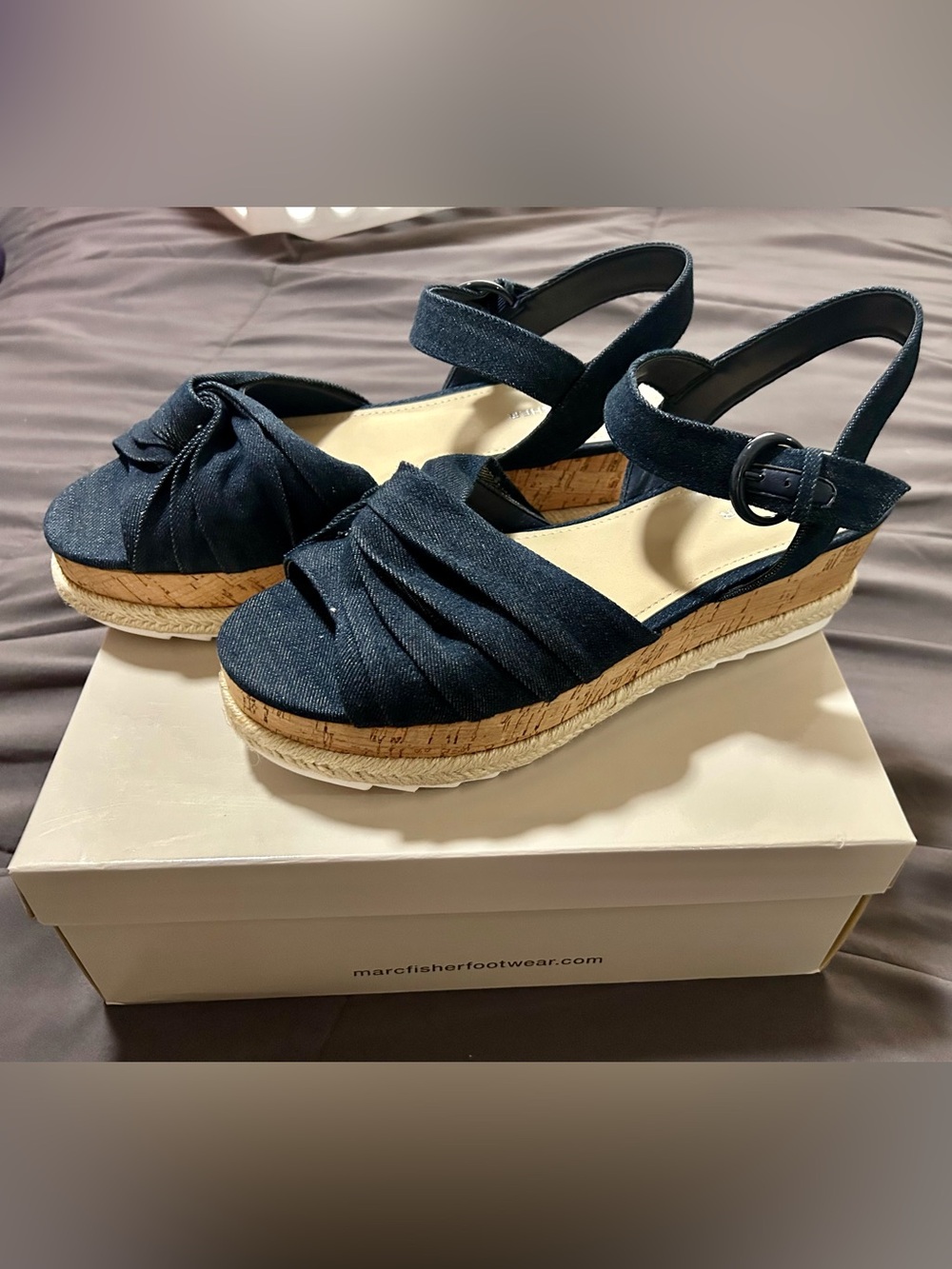 🌴 Marc Fisher Flinn Blue Denim Wedge Espadrille Platform Sandals women size 10
